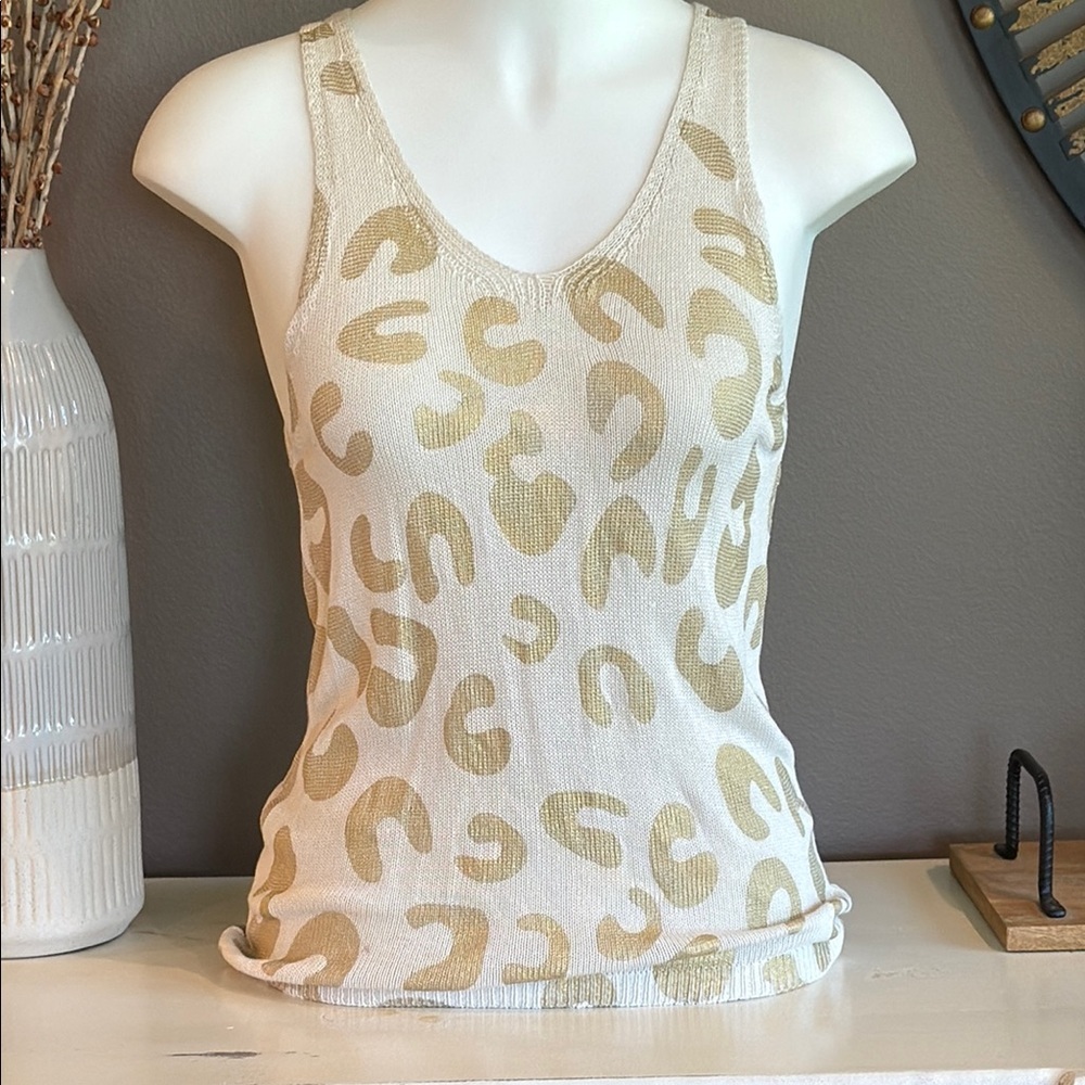 AMOLI Cream & Gold Knit Leopard Print Tank Top Size S/M